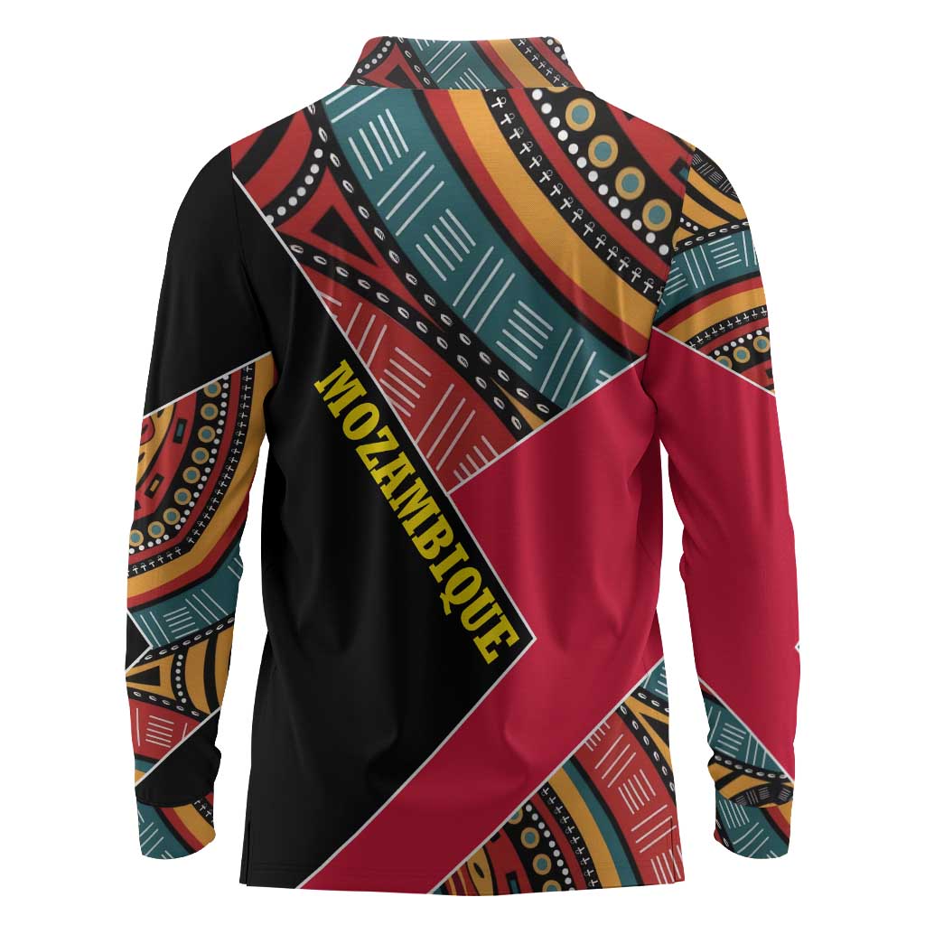 Mozambique Long Sleeve Polo Shirt Red Black Geometric Design and Tribal Pattern - African Pride