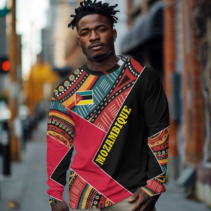 Mozambique Long Sleeve Shirt Red Black Geometric Design and Tribal Pattern - African Pride