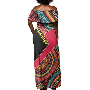 Mozambique Off Shoulder Maxi Dress Red Black Geometric Design and Tribal Pattern - African Pride
