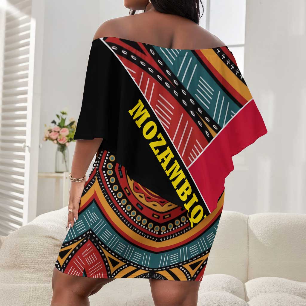 Mozambique Off Shoulder Short Dress Red Black Geometric Design and Tribal Pattern - African Pride
