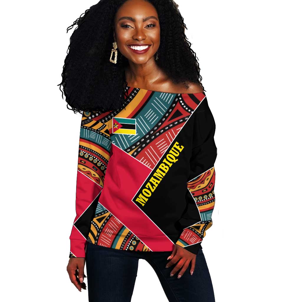 Mozambique Off Shoulder Sweater Red Black Geometric Design and Tribal Pattern - African Pride