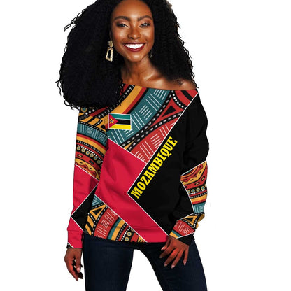Mozambique Off Shoulder Sweater Red Black Geometric Design and Tribal Pattern - African Pride