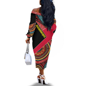 Mozambique Off The Shoulder Long Sleeve Dress Red Black Geometric Design and Tribal Pattern - African Pride