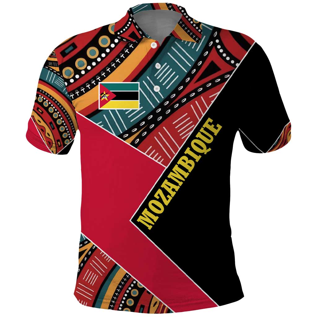 Mozambique Polo Shirt Red Black Geometric Design and Tribal Pattern - African Pride