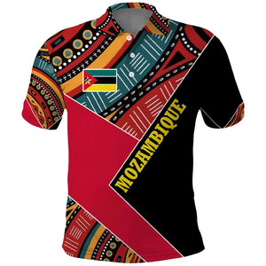 Mozambique Polo Shirt Red Black Geometric Design and Tribal Pattern - African Pride