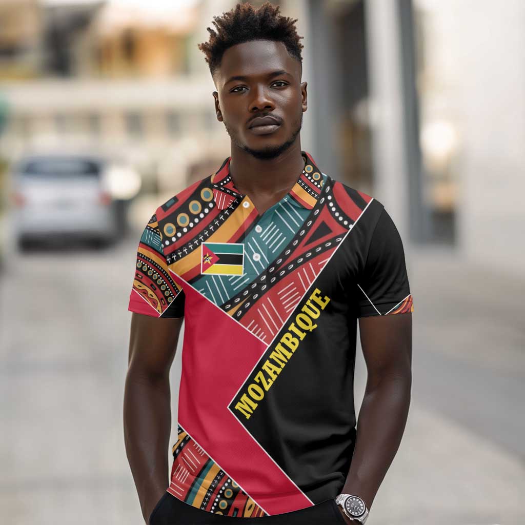 Mozambique Polo Shirt Red Black Geometric Design and Tribal Pattern - African Pride