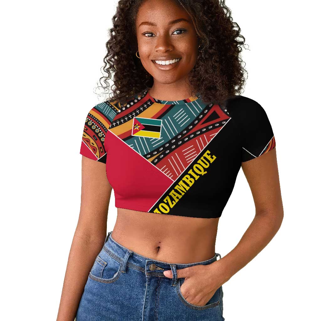Mozambique Raglan Cropped T shirt Red Black Geometric Design and Tribal Pattern - African Pride