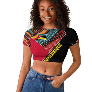 Mozambique Raglan Cropped T shirt Red Black Geometric Design and Tribal Pattern - African Pride