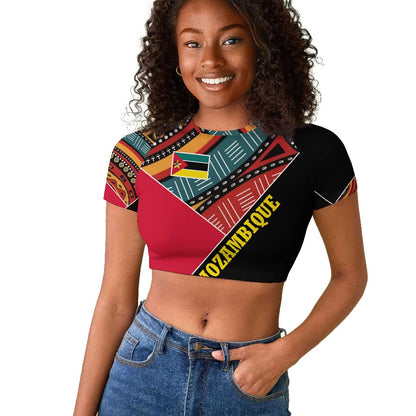 Mozambique Raglan Cropped T shirt Red Black Geometric Design and Tribal Pattern - African Pride