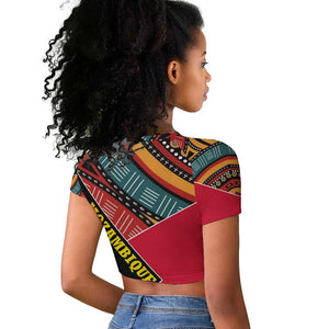 Mozambique Raglan Cropped T shirt Red Black Geometric Design and Tribal Pattern - African Pride