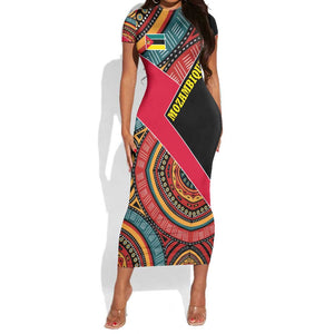 Mozambique Short Sleeve Bodycon Dress Red Black Geometric Design and Tribal Pattern - African Pride