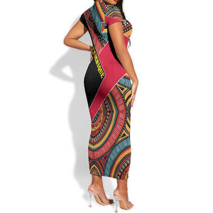 Mozambique Short Sleeve Bodycon Dress Red Black Geometric Design and Tribal Pattern - African Pride
