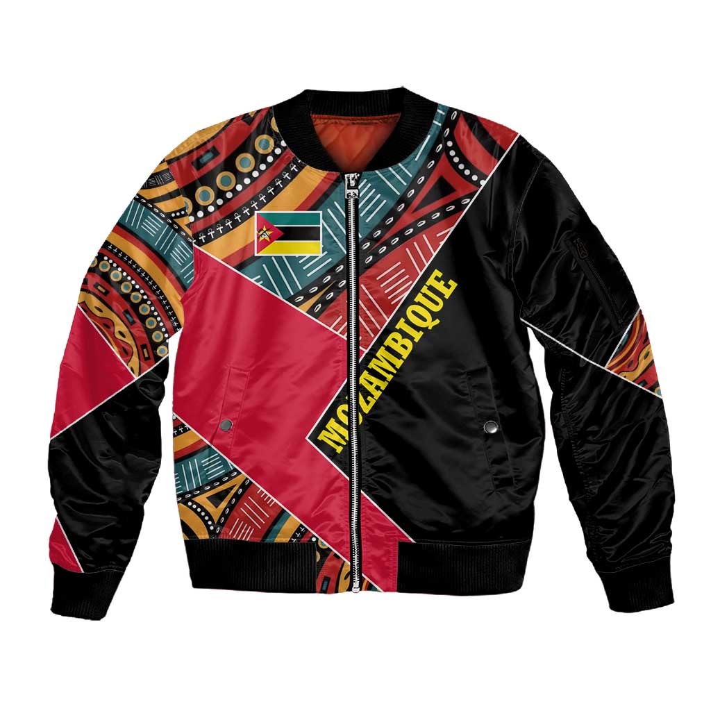 Mozambique Sleeve Zip Bomber Jacket Red Black Geometric Design and Tribal Pattern - African Pride