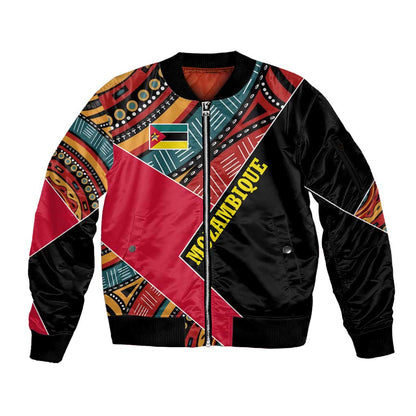 Mozambique Sleeve Zip Bomber Jacket Red Black Geometric Design and Tribal Pattern - African Pride