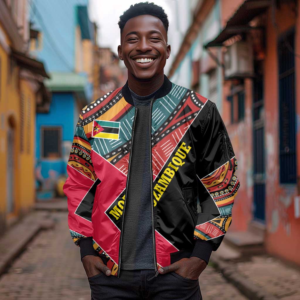 Mozambique Sleeve Zip Bomber Jacket Red Black Geometric Design and Tribal Pattern - African Pride