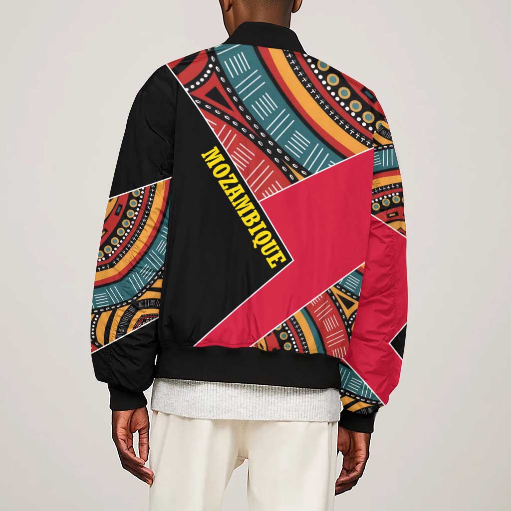 Mozambique Sleeve Zip Bomber Jacket Red Black Geometric Design and Tribal Pattern - African Pride