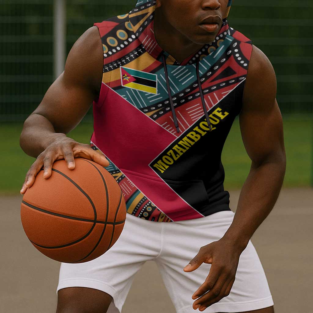 Mozambique Sleeveless Hoodie Red Black Geometric Design and Tribal Pattern - African Pride