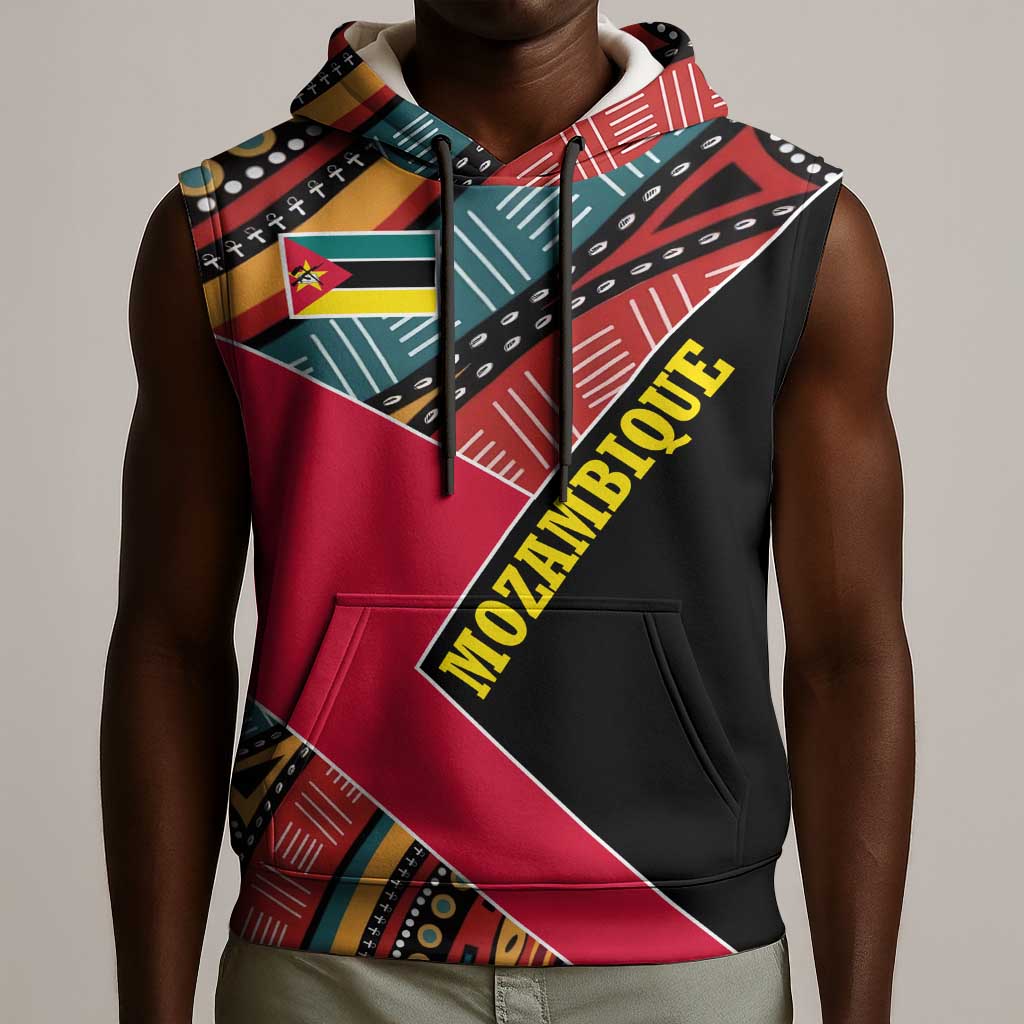 Mozambique Sleeveless Hoodie Red Black Geometric Design and Tribal Pattern - African Pride