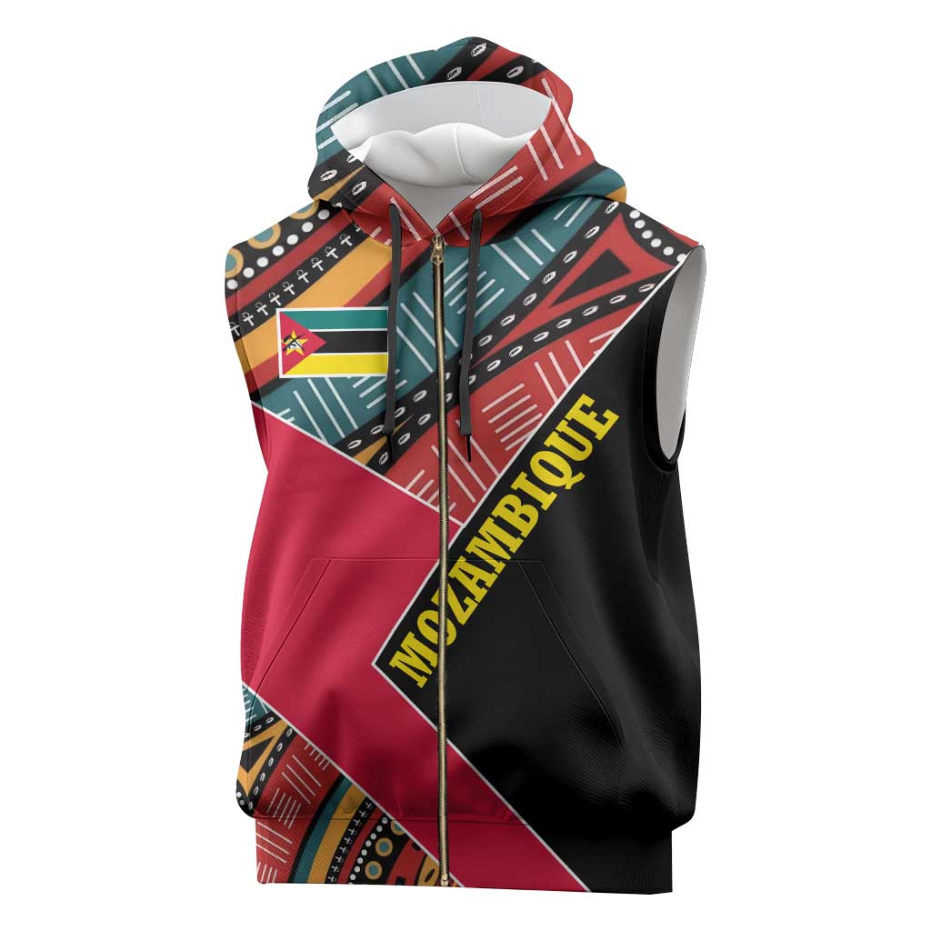 Mozambique Sleeveless Zip Hoodie Red Black Geometric Design and Tribal Pattern - African Pride
