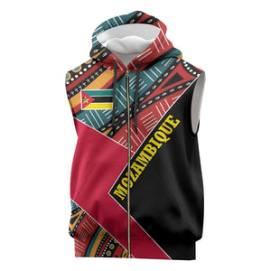 Mozambique Sleeveless Zip Hoodie Red Black Geometric Design and Tribal Pattern - African Pride
