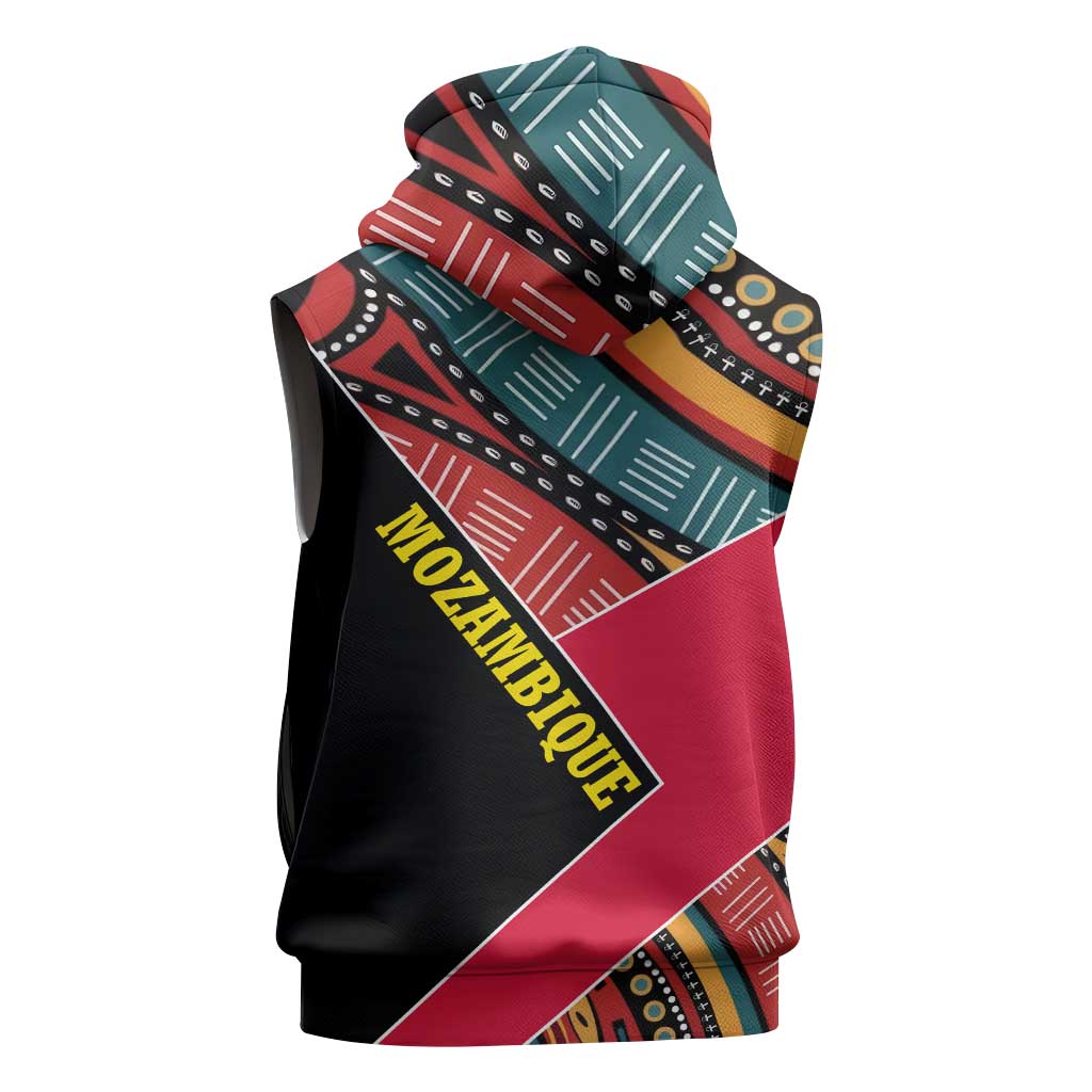 Mozambique Sleeveless Zip Hoodie Red Black Geometric Design and Tribal Pattern - African Pride