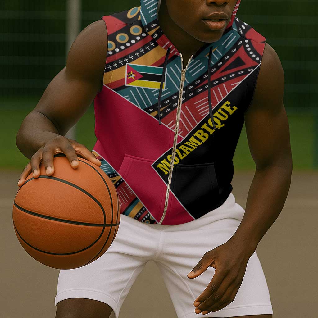 Mozambique Sleeveless Zip Hoodie Red Black Geometric Design and Tribal Pattern - African Pride