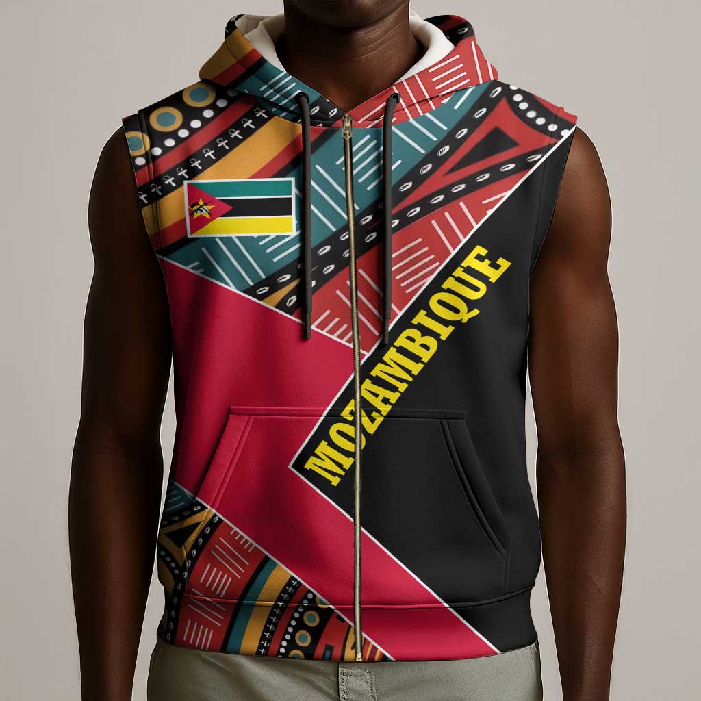 Mozambique Sleeveless Zip Hoodie Red Black Geometric Design and Tribal Pattern - African Pride