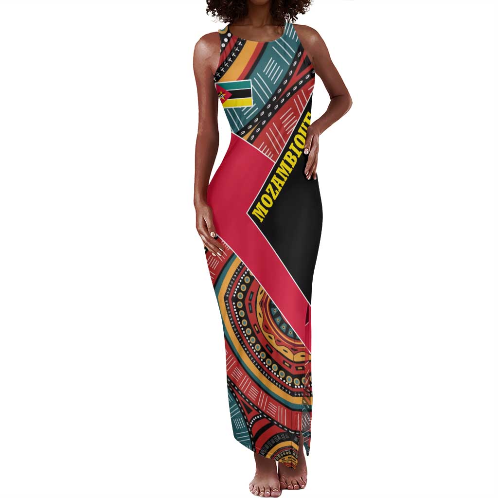 Mozambique Tank Maxi Dress Red Black Geometric Design and Tribal Pattern - African Pride