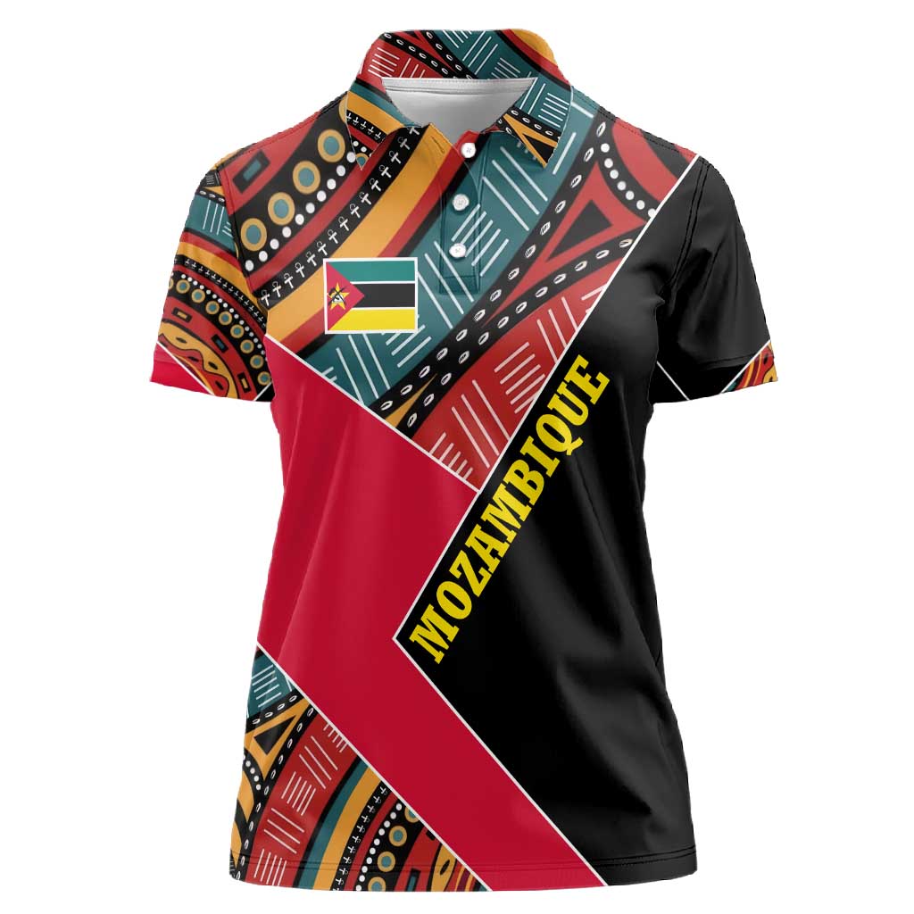 Mozambique Women Polo Shirt Red Black Geometric Design and Tribal Pattern - African Pride