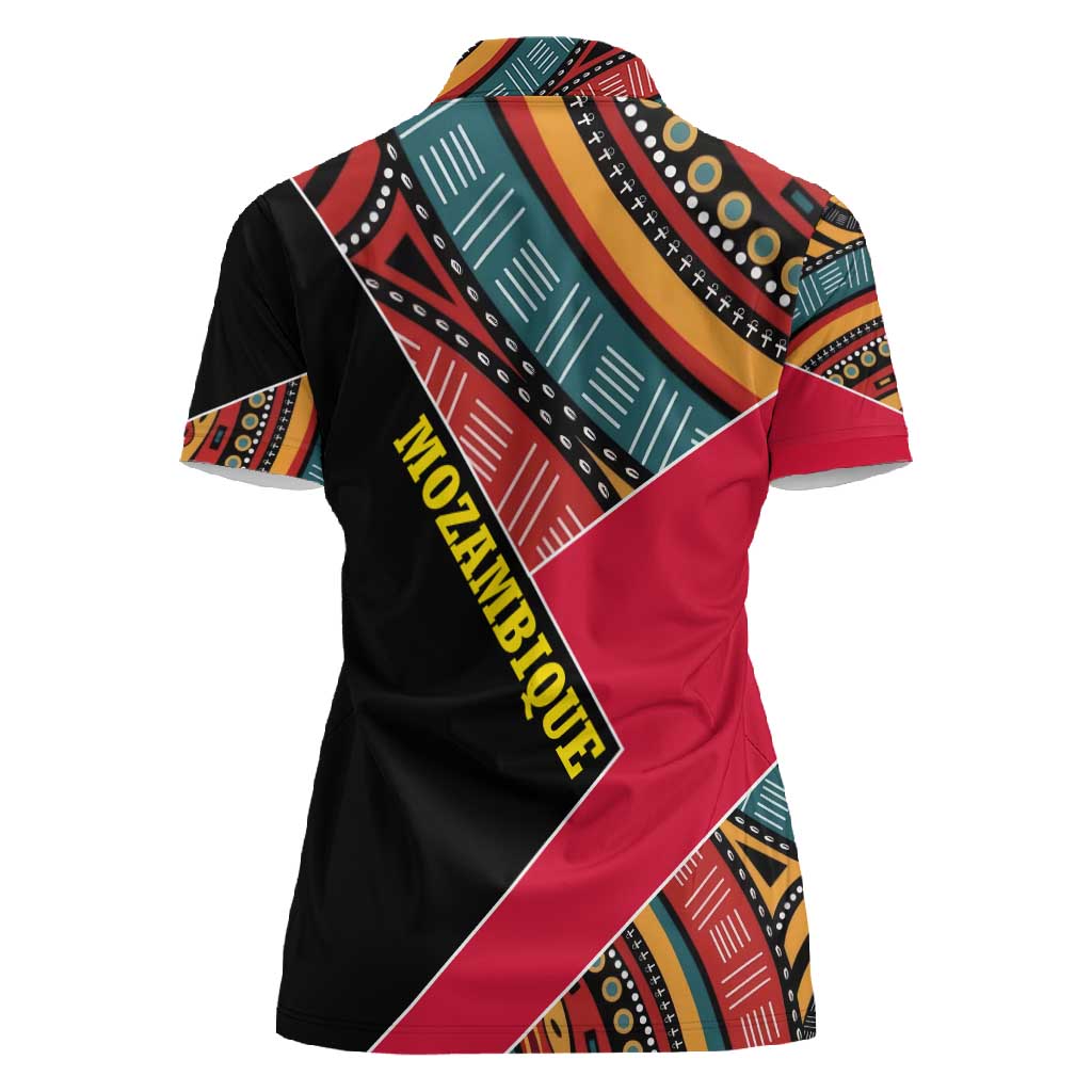 Mozambique Women Polo Shirt Red Black Geometric Design and Tribal Pattern - African Pride