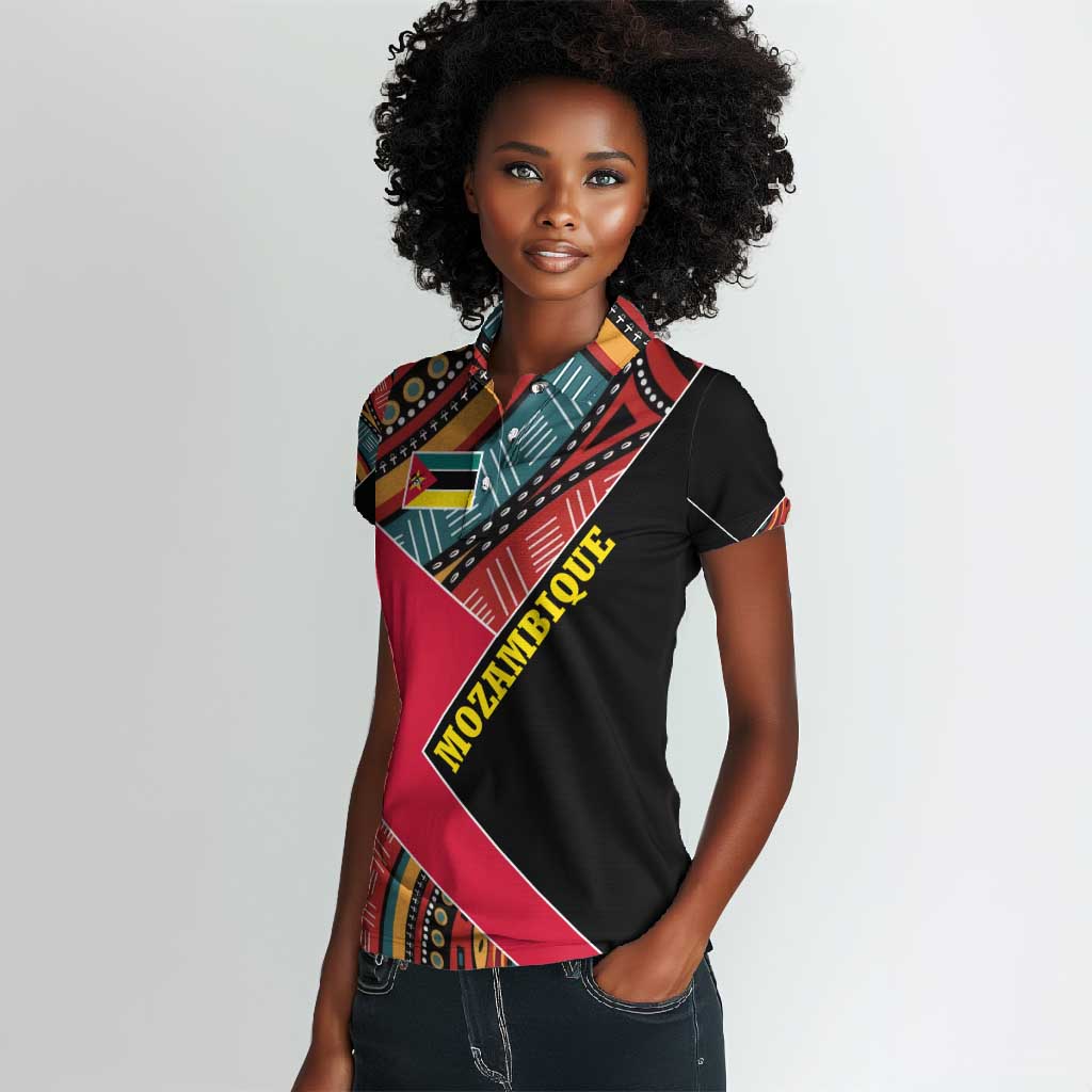 Mozambique Women Polo Shirt Red Black Geometric Design and Tribal Pattern - African Pride