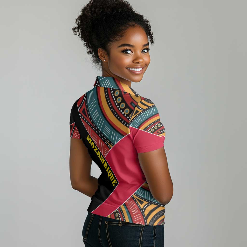 Mozambique Women Polo Shirt Red Black Geometric Design and Tribal Pattern - African Pride