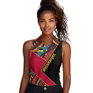 Mozambique Women Sleeveless Polo Shirt Red Black Geometric Design and Tribal Pattern - African Pride