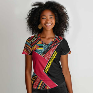 Mozambique Women V-Neck T-Shirt Red Black Geometric Design and Tribal Pattern - African Pride
