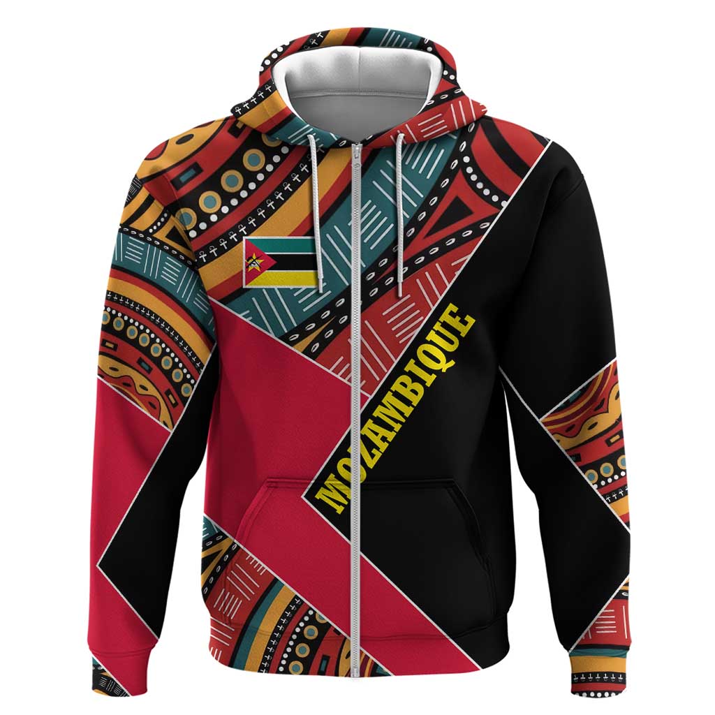 Mozambique Zip Hoodie Red Black Geometric Design and Tribal Pattern - African Pride