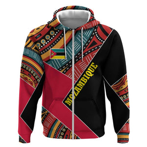 Mozambique Zip Hoodie Red Black Geometric Design and Tribal Pattern - African Pride