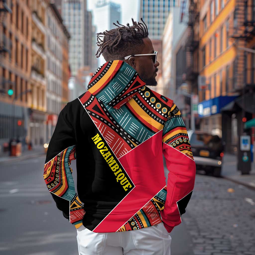 Mozambique Zip Hoodie Red Black Geometric Design and Tribal Pattern - African Pride