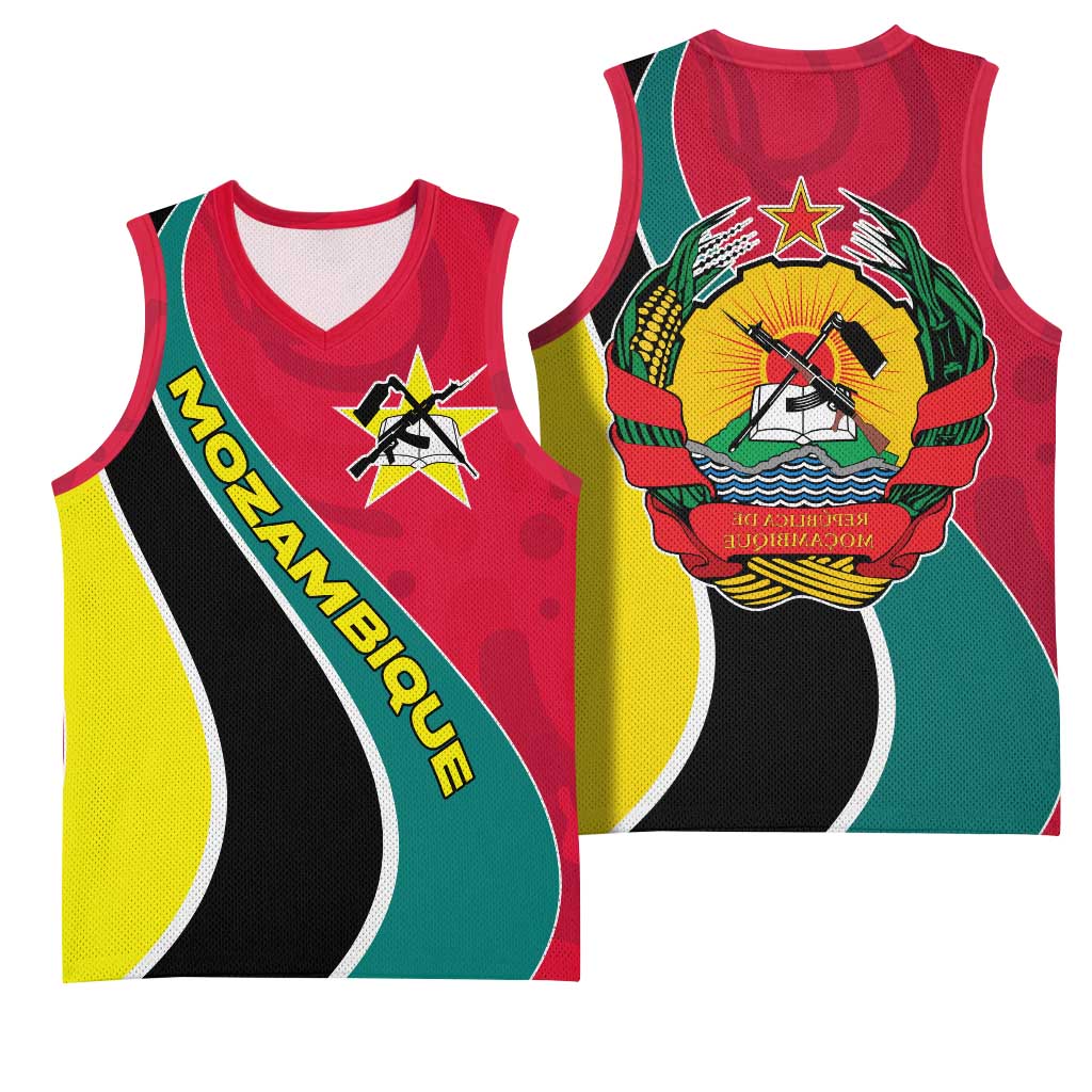 Mozambique Basketball Jersey Red Yellow Green Wave Design - African Pride