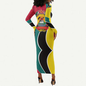 Mozambique Long Sleeve Bodycon Dress Red Yellow Green Wave Design - African Pride