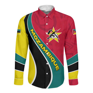 Mozambique Long Sleeve Button Shirt Red Yellow Green Wave Design - African Pride