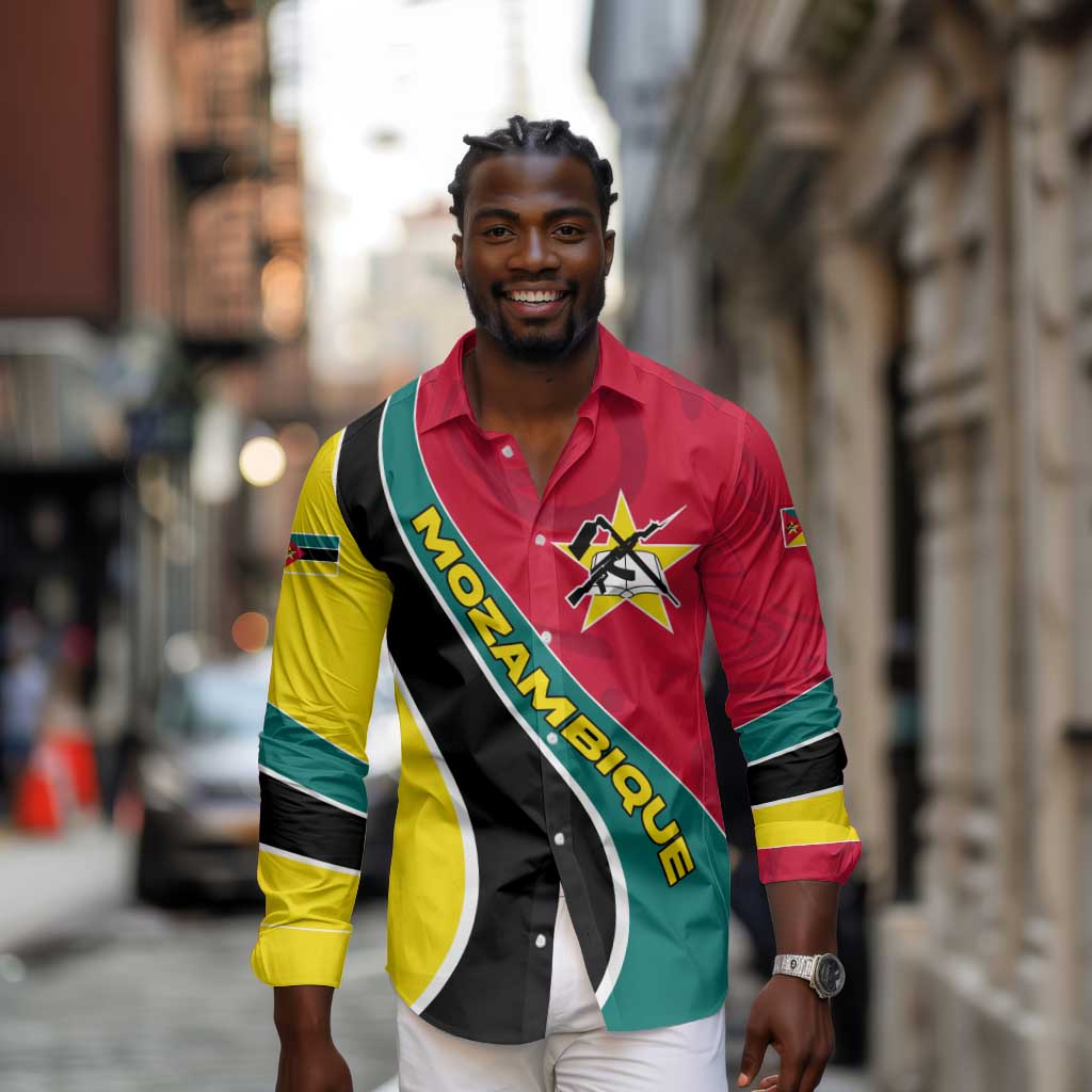 Mozambique Long Sleeve Button Shirt Red Yellow Green Wave Design - African Pride