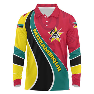 Mozambique Long Sleeve Polo Shirt Red Yellow Green Wave Design - African Pride