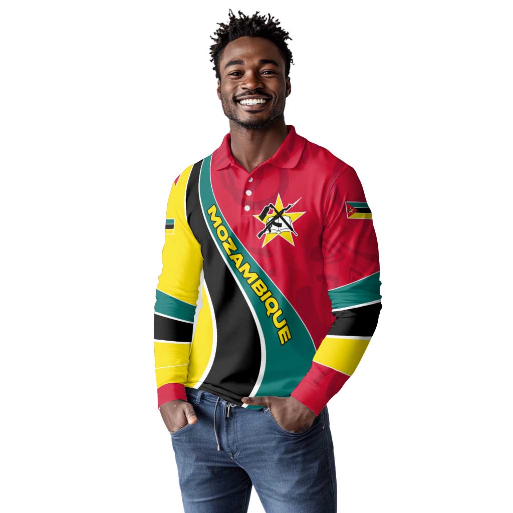Mozambique Long Sleeve Polo Shirt Red Yellow Green Wave Design - African Pride