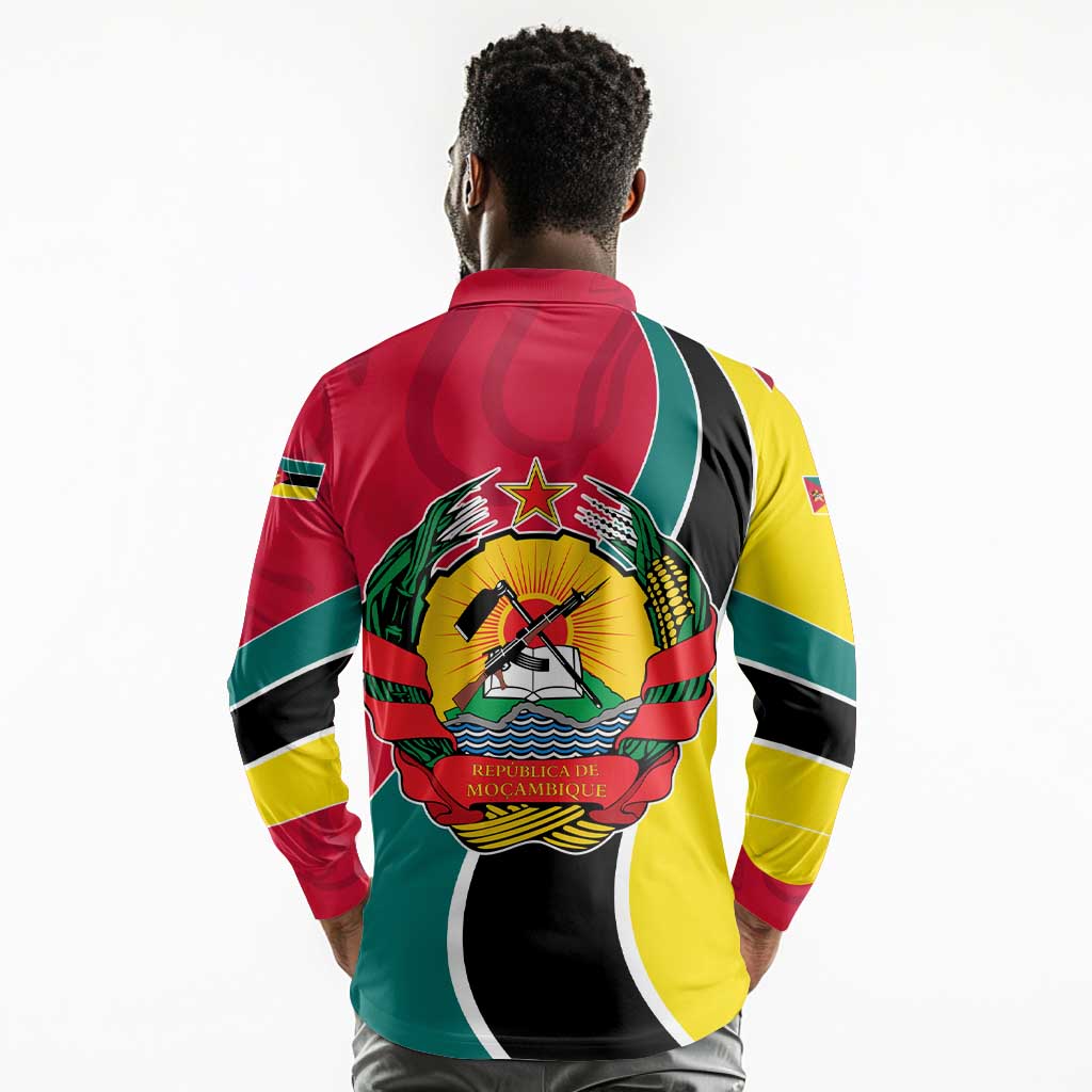 Mozambique Long Sleeve Polo Shirt Red Yellow Green Wave Design - African Pride