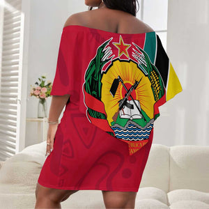 Mozambique Off Shoulder Short Dress Red Yellow Green Wave Design - African Pride