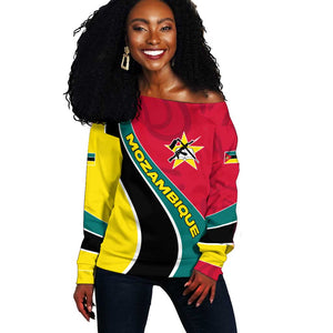Mozambique Off Shoulder Sweater Red Yellow Green Wave Design - African Pride