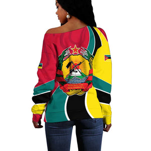 Mozambique Off Shoulder Sweater Red Yellow Green Wave Design - African Pride