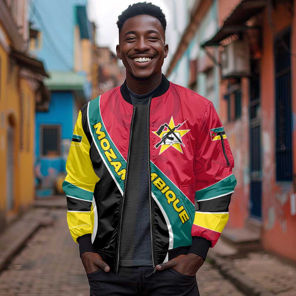 Mozambique Sleeve Zip Bomber Jacket Red Yellow Green Wave Design - African Pride