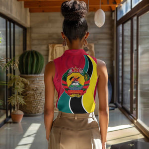 Mozambique Women Sleeveless Polo Shirt Red Yellow Green Wave Design - African Pride
