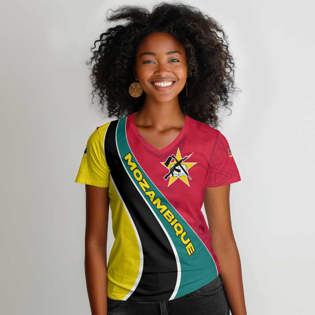 Mozambique Women V-Neck T-Shirt Red Yellow Green Wave Design - African Pride